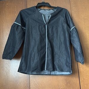 August Silk NWT Black Cotton Poly V Neck Top Print Decorative Ribbon Trim  Sz S